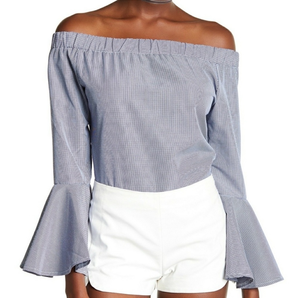 Off-Shoulder Blue and White Gingham Top with Bell Sleeves